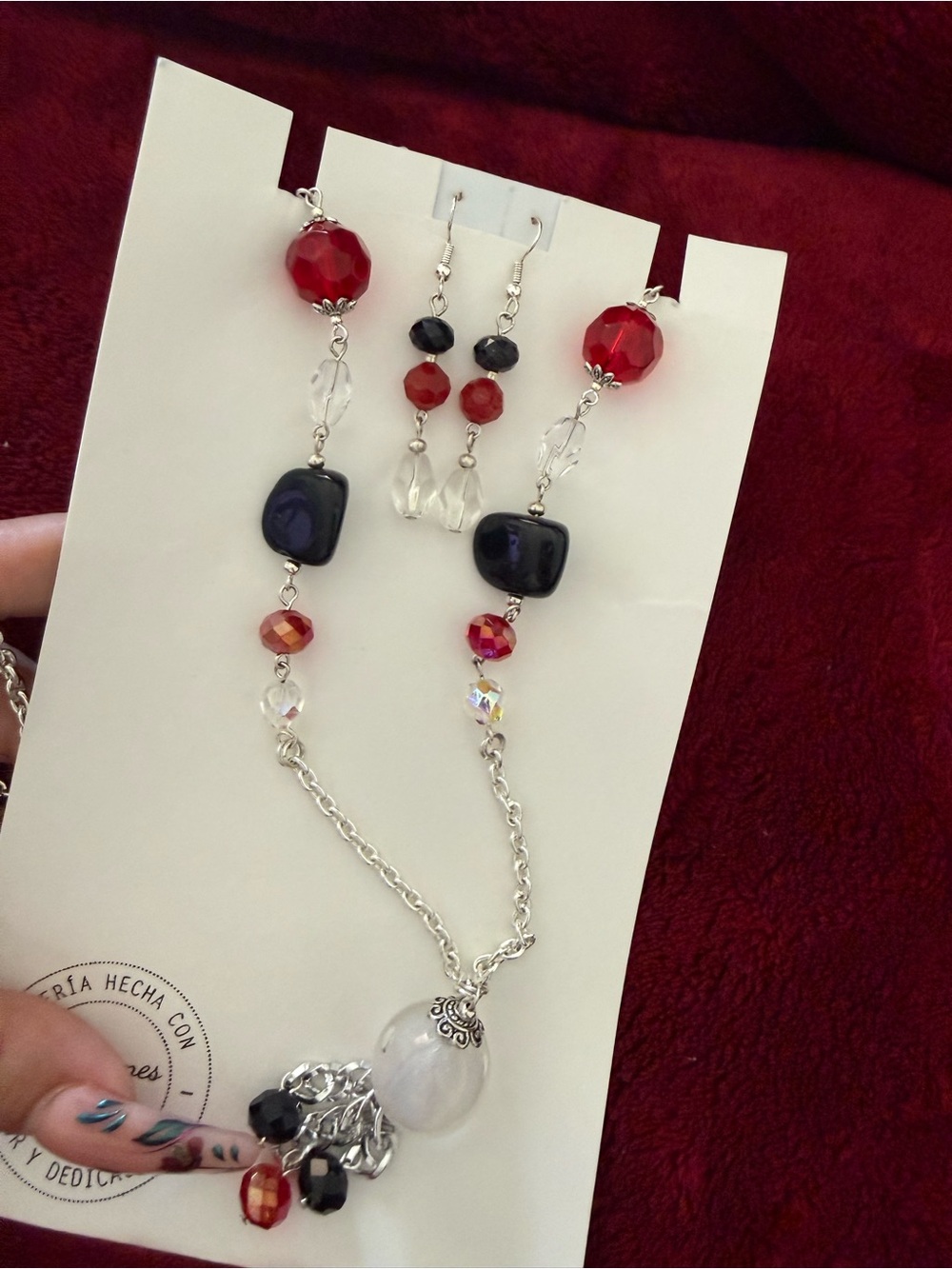 Handcrafted Red and Black Bead Necklace & Earring Set